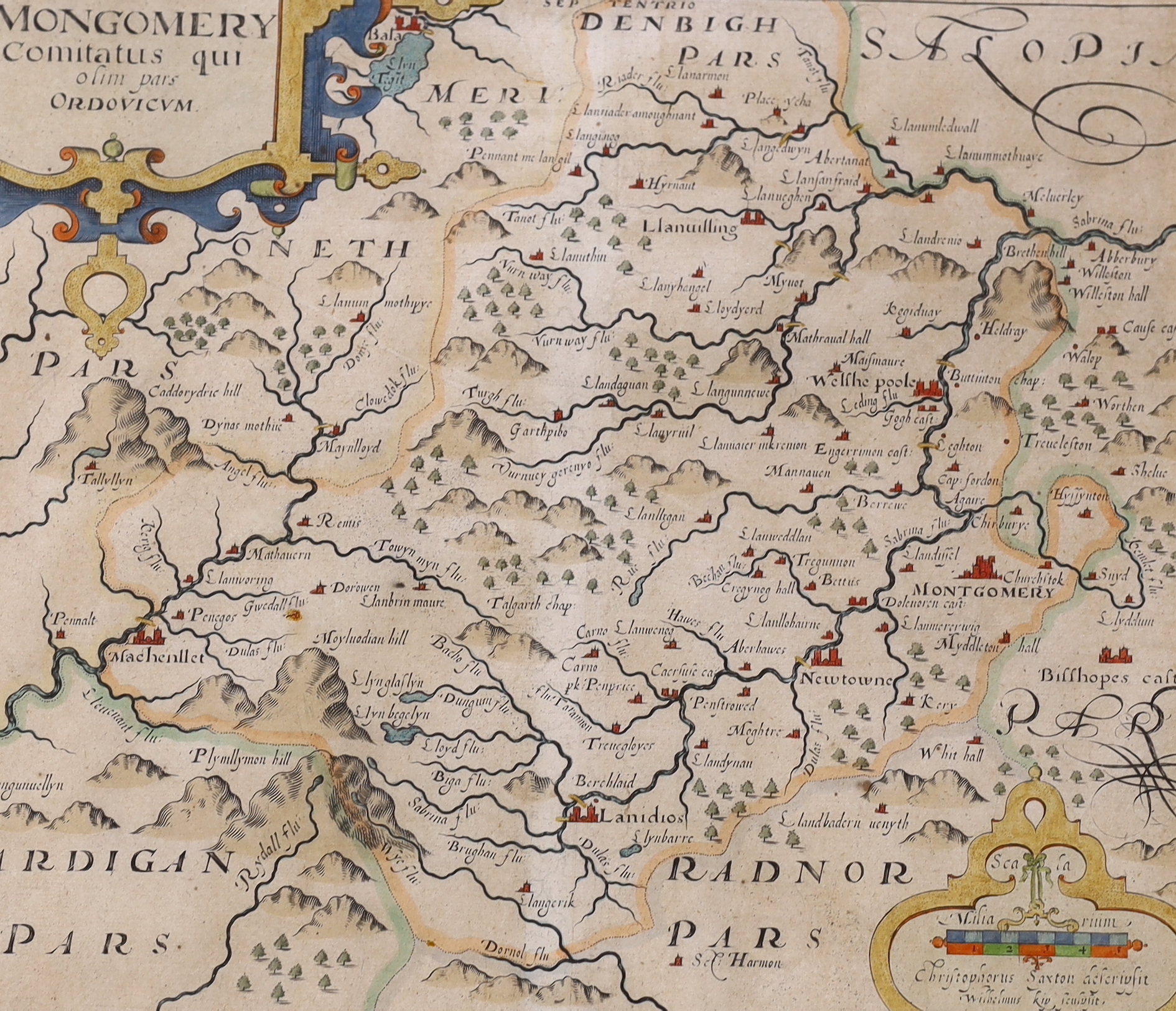 Christopher Saxton/William Kip, hand-coloured engraving, Map of Mongomery (sic), 28 x 33 cm